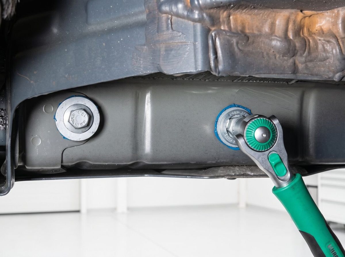 Pose d'un attelage sous un véhicule, boulon serré au cliquet par un technicien